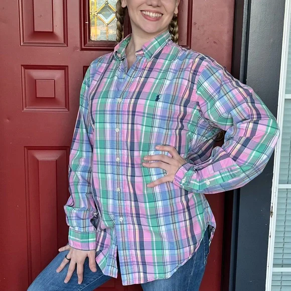 80s Mens RALPH LAUREN Cotton Shirt, Pastel Colors Long Sleeve Button Up size L - Picture 4 of 7